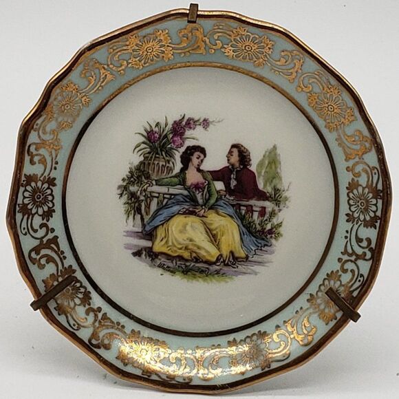 Limoges France Porcelain Baby Blue Gold Floral Gilt Romantic Couple Mini Plate - Picture 7 of 7